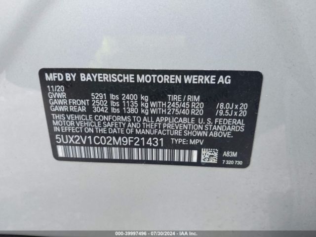 5UX2V1C02M9F21431 BMW X4 Xdrive30i