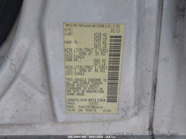 1N6BF0LYXFN801584 Nissan Nv Cargo Nv2500 Hd Sv V6