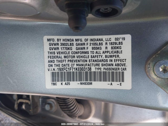 Honda Civic Ex-l 2019 19XFC1F71KE003138 Image 9