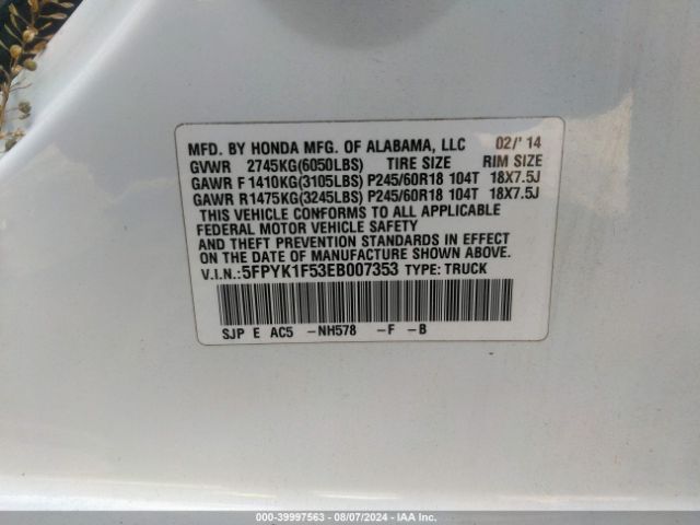 5FPYK1F53EB007353 Honda Ridgeline Rtl