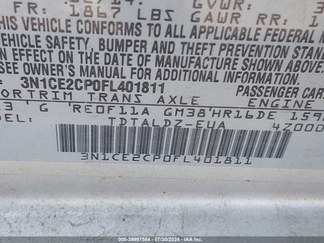 3N1CE2CP0FL401811 Nissan Versa Note S (sr)/s Plus/sl/sr/sv
