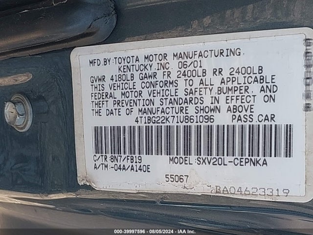 39997596 :رقم المزاد ، 4T1BG22K71U861096 vin ، 2001 Toyota Camry Le مزاد بيع
