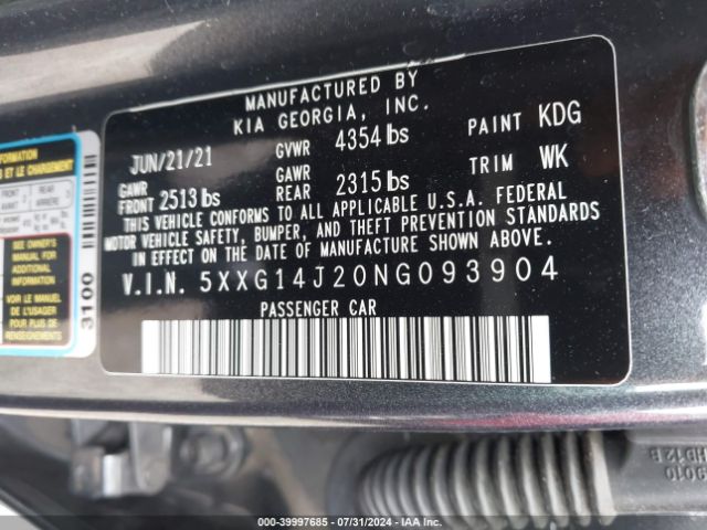 5XXG14J20NG093904 KIA K5 LXS