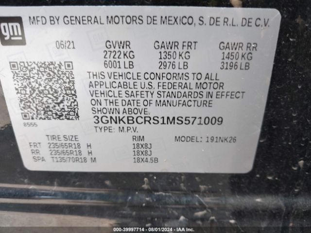 3GNKBCRS1MS571009 Chevrolet Blazer Fwd 2lt
