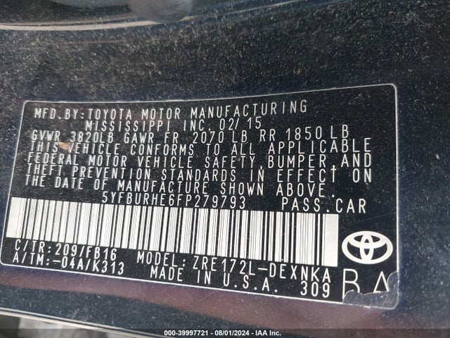 Auction sale of the 2015 Toyota Corolla Le, vin: 5YFBURHE6FP279793, lot number: 39997721