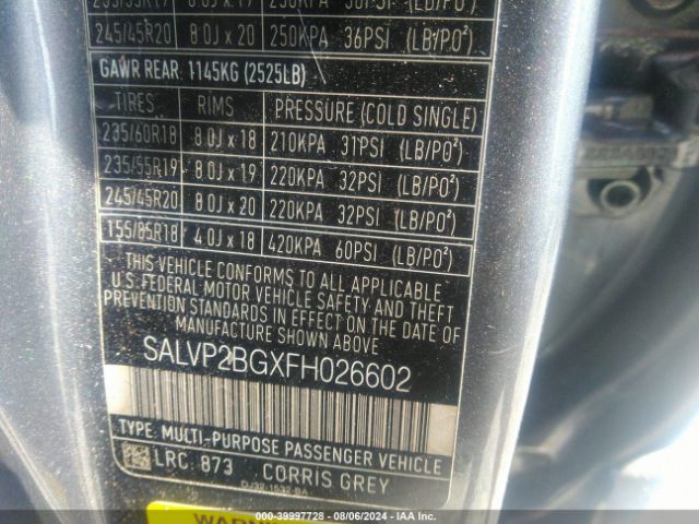 SALVP2BGXFH026602 Land Rover Range Rover Evoque Pure