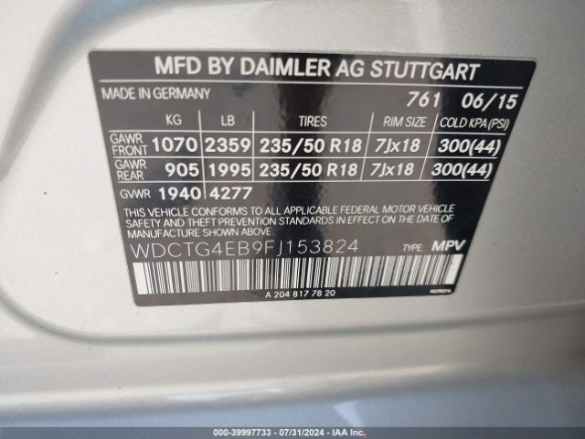 WDCTG4EB9FJ153824 Mercedes-Benz GLA 250