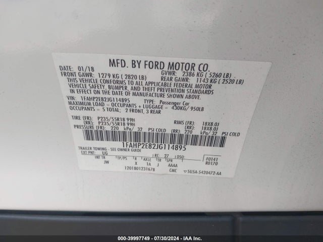 Ford TAURUS SEL 2018 1FAHP2E82JG114895 Image 9