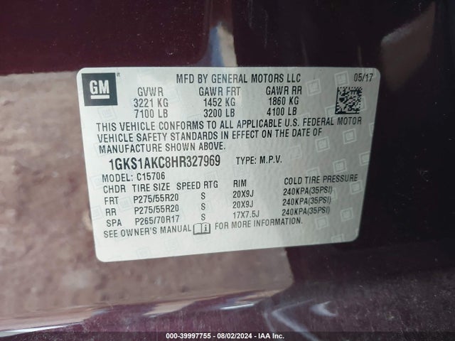 1GKS1AKC8HR327969 GMC YUKON SLE