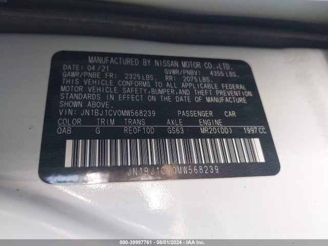 JN1BJ1CV0MW568239 Nissan Rogue Sport Sl Fwd Xtronic Cvt