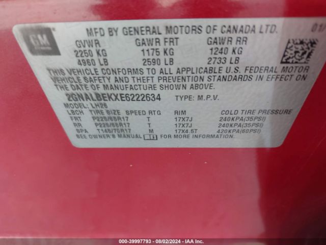 2GNALBEKXE6222634 Chevrolet EQUINOX 1LT