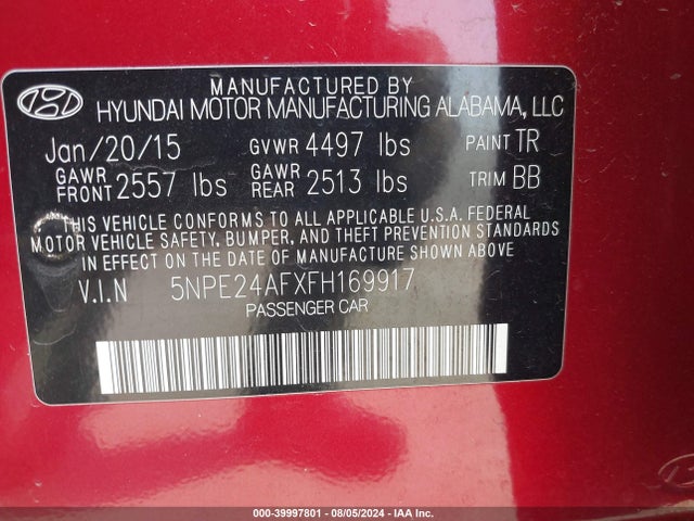 Hyundai SONATA SE 2015 5NPE24AFXFH169917 Image 9
