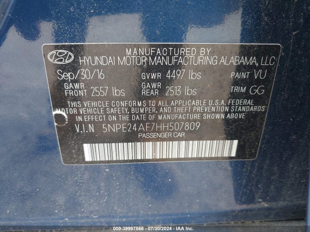 Hyundai Sonata 2017 5NPE24AF7HH507809 Image 9