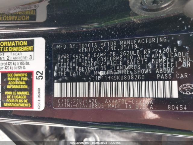 4T1B11HK9KU808260 Toyota CAMRY SE