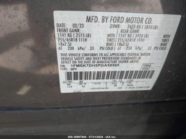 1FMSK7DH5PGA58565 Ford EXPLORER XLT