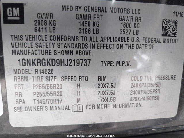 Chevrolet Traverse 1lt 2017 1GNKRGKD9HJ219737 Image 9