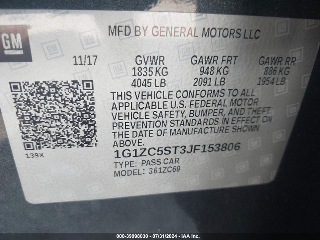 Chevrolet Malibu 1fl 2018 1G1ZC5ST3JF153806 Image 9