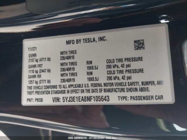 5YJ3E1EA8NF105643 Tesla Model 3 Rear-wheel Drive