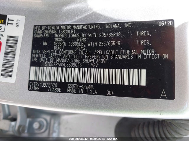 Toyota Highlander Xle 2020 5TDGZRAH5LS509015 Image 9
