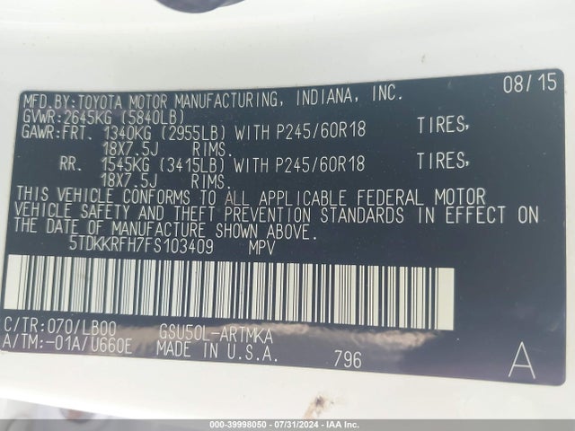 Toyota Highlander Xle V6 2015 5TDKKRFH7FS103409 Image 9