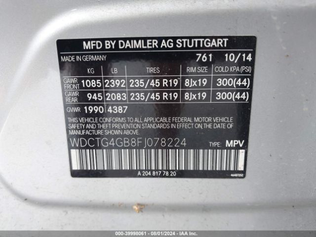 WDCTG4GB8FJ078224 Mercedes-Benz Gla 250 4matic
