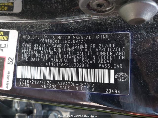 4T1G11AK3LU392966 Toyota Camry Se Nightshade Edition