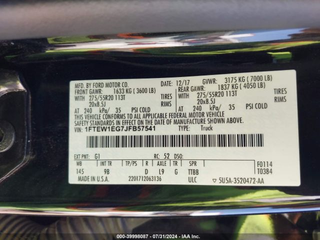 1FTEW1EG7JFB57541 Ford F-150 Platinum