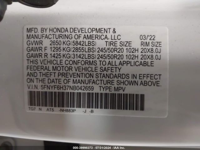 5FNYF6H37NB042659 Honda Pilot Awd Sport