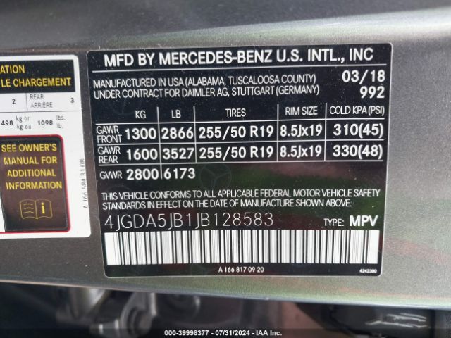 4JGDA5JB1JB128583 Mercedes-Benz GLE 350