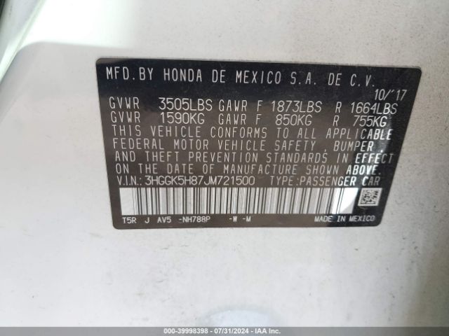 3HGGK5H87JM721500 Honda FIT EX