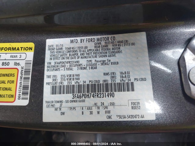 Ford FUSION SE 2015 3FA6P0H74FR231490 Image 9