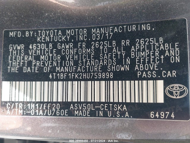 Toyota CAMRY SE 2017 4T1BF1FK2HU759898 Image 9
