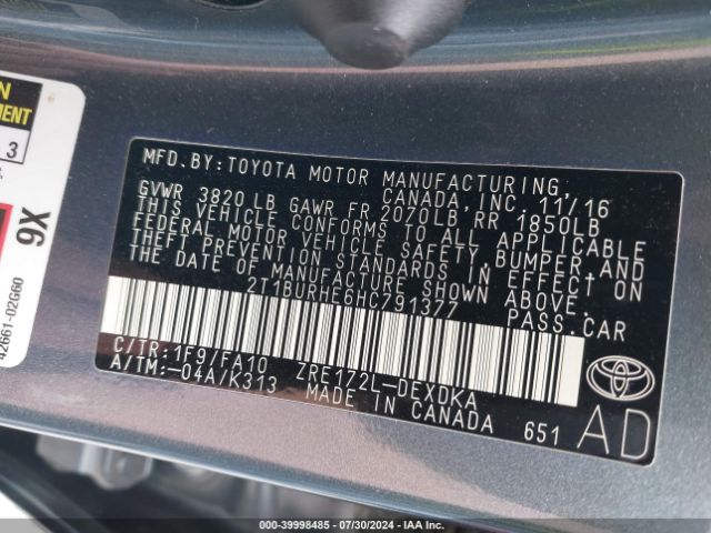 2T1BURHE6HC791377 Toyota COROLLA L