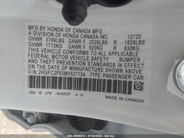 2HGFC2F63MH527154 Honda Civic Lx