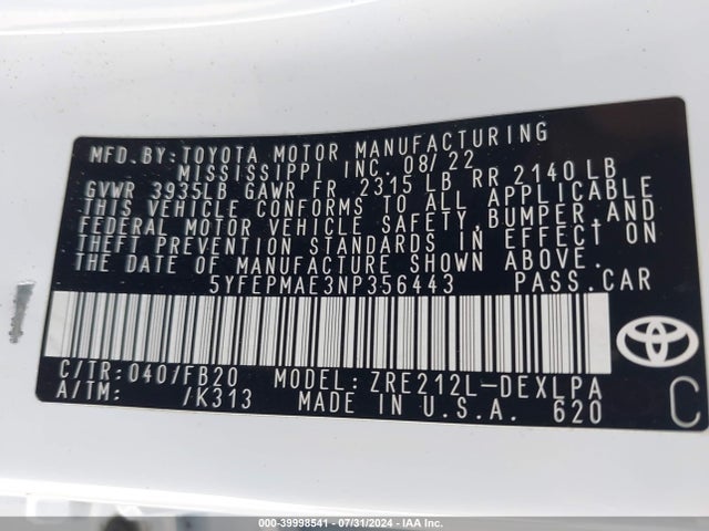 Toyota COROLLA LE 2022 5YFEPMAE3NP356443 Image 9