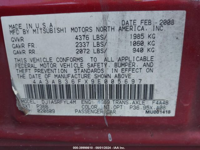 2009 MITSUBISHI GALANT 4A3AB36FX9E005697 Photo 8