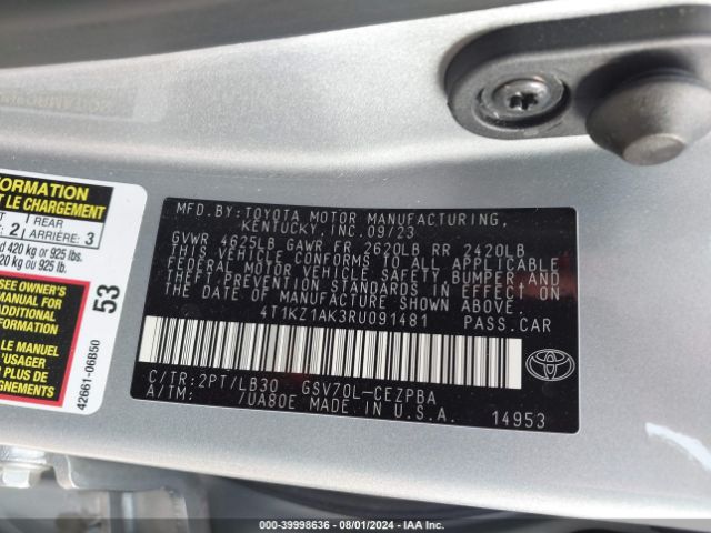 4T1KZ1AK3RU091481 Toyota Camry Xse V6