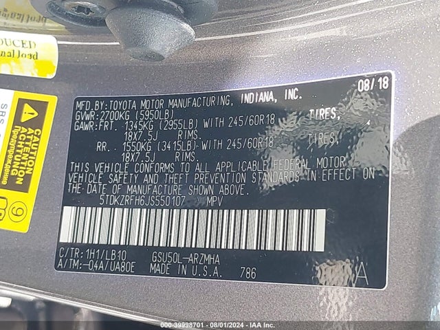 5TDKZRFH6JS550107 Toyota Highlander Se/xle