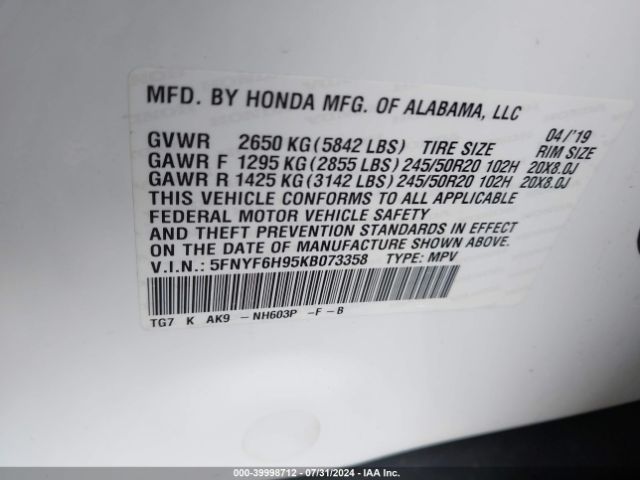 5FNYF6H95KB073358 Honda Pilot Touring