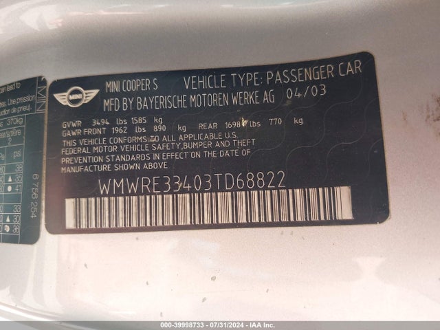 2003 MINI COOPER S WMWRE33403TD68822 Photo 8