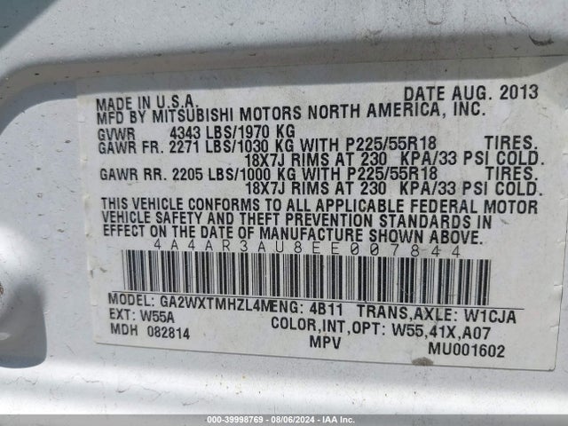 4A4AR3AU8EE007844 Mitsubishi Outlander Sport Es