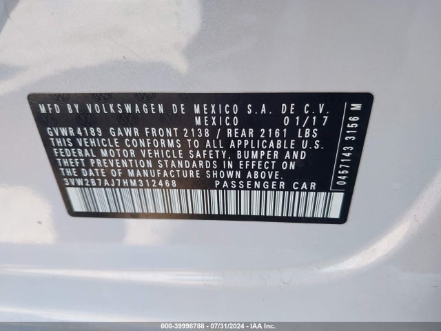 3VW2B7AJ7HM312468 Volkswagen Jetta 1.4t S