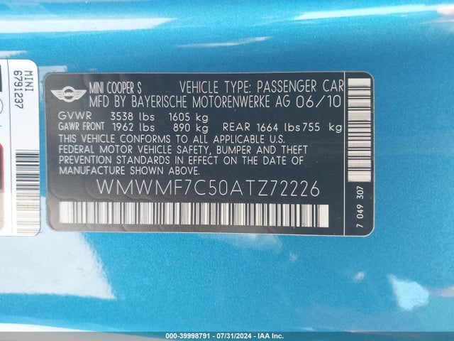 2010 MINI COOPER S WMWMF7C50ATZ72226 Photo 8