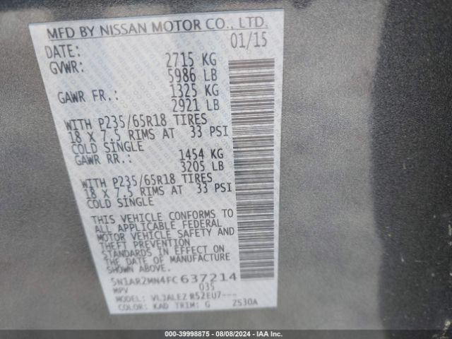 5N1AR2MN4FC637214 Nissan Pathfinder Platinum/s/sl/sv