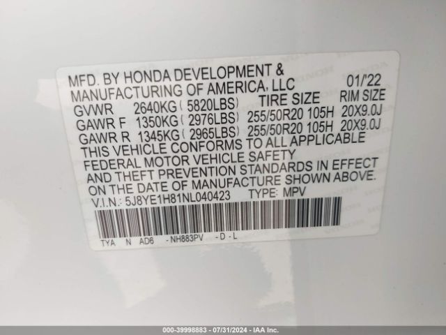 5J8YE1H81NL040423 Acura Mdx Advance Package