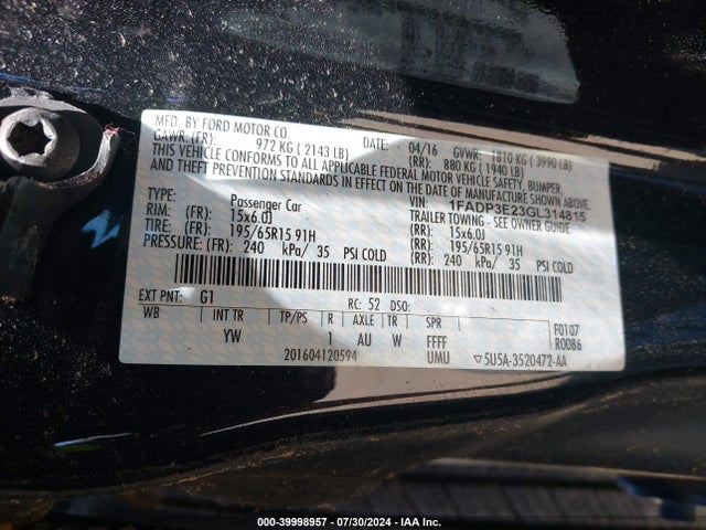 Ford FOCUS S 2016 1FADP3E23GL314815 Image 9