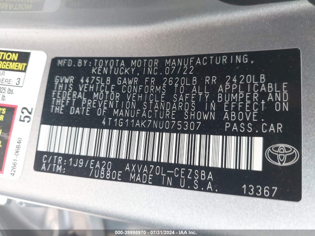 Toyota CAMRY SE 2022 4T1G11AK7NU075307 Image 9