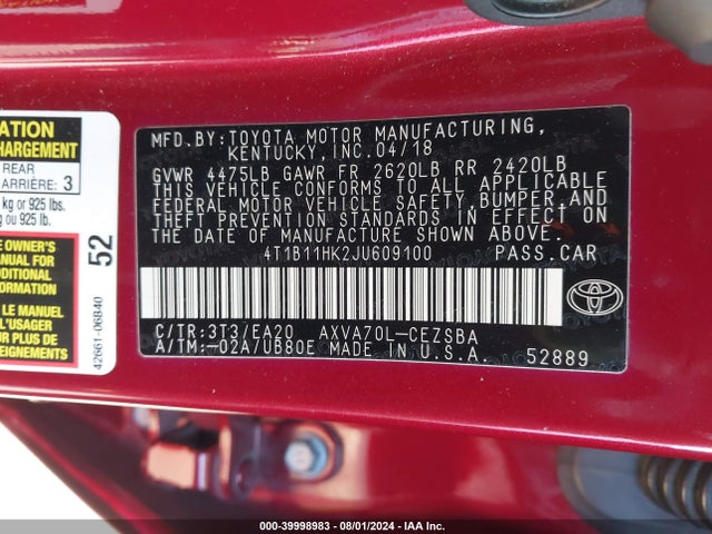 Toyota CAMRY SE 2018 4T1B11HK2JU609100 Image 9