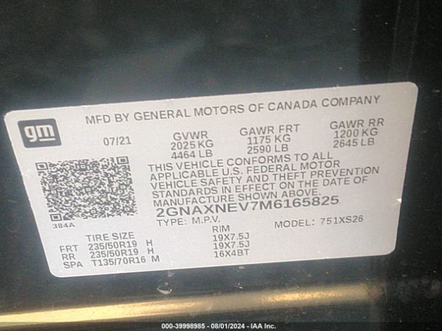 2GNAXNEV7M6165825 Chevrolet Equinox Fwd Premier