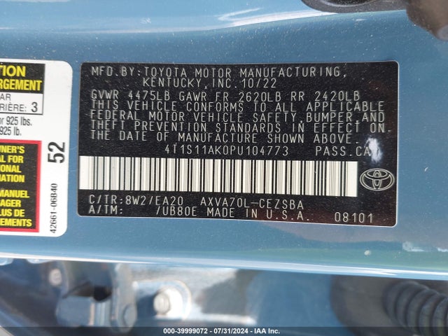 4T1S11AK0PU104773 Toyota CAMRY SE